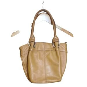 Tignaello Womens Carmel Double Strap Snap and Zip Closures Leather Shoulder Bag